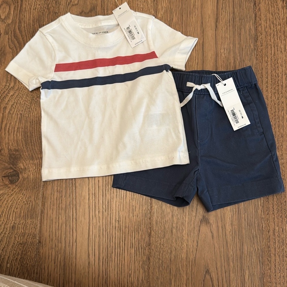Janie and Jack White Tee with Red and Blue Stripes and Navy Shorts